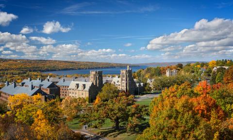 overlooking campus and lake in the fall